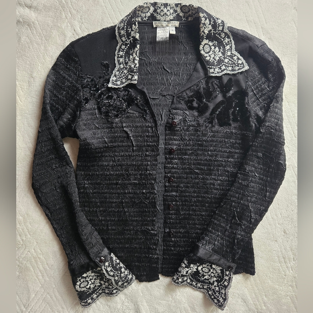 Alberto Makali Vintage Y2K Black Crinkle Art-to-Wear Blouse Size S Excellent